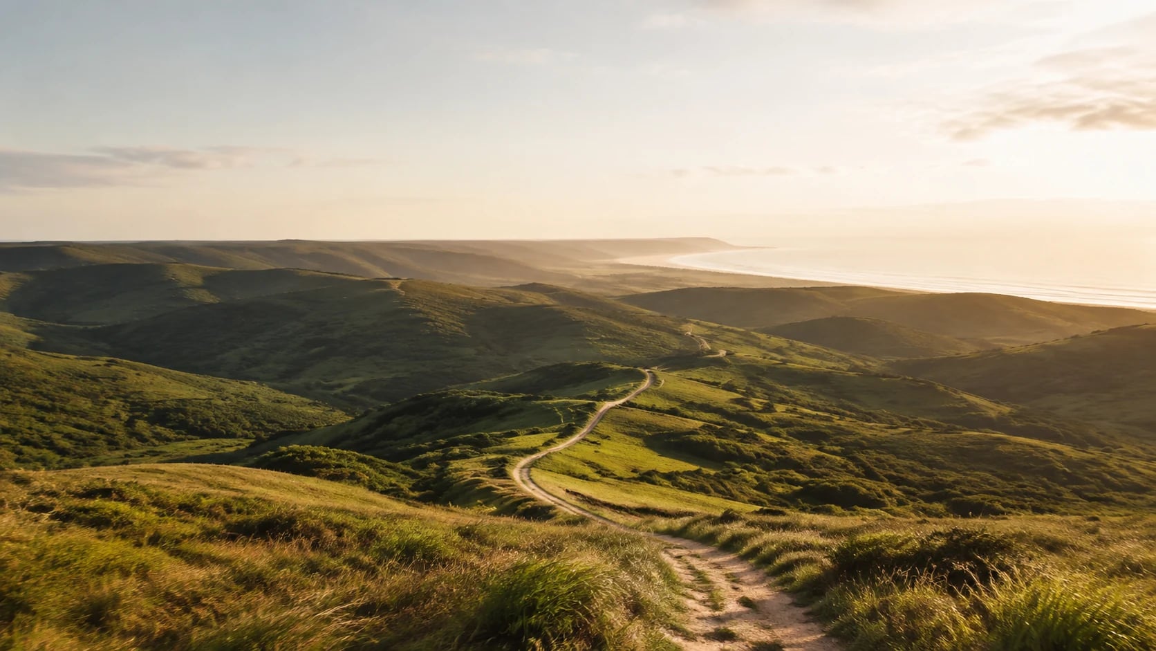 An imagined South African coastline at first light: a winding path through green hills, opening onto a luminous sea.