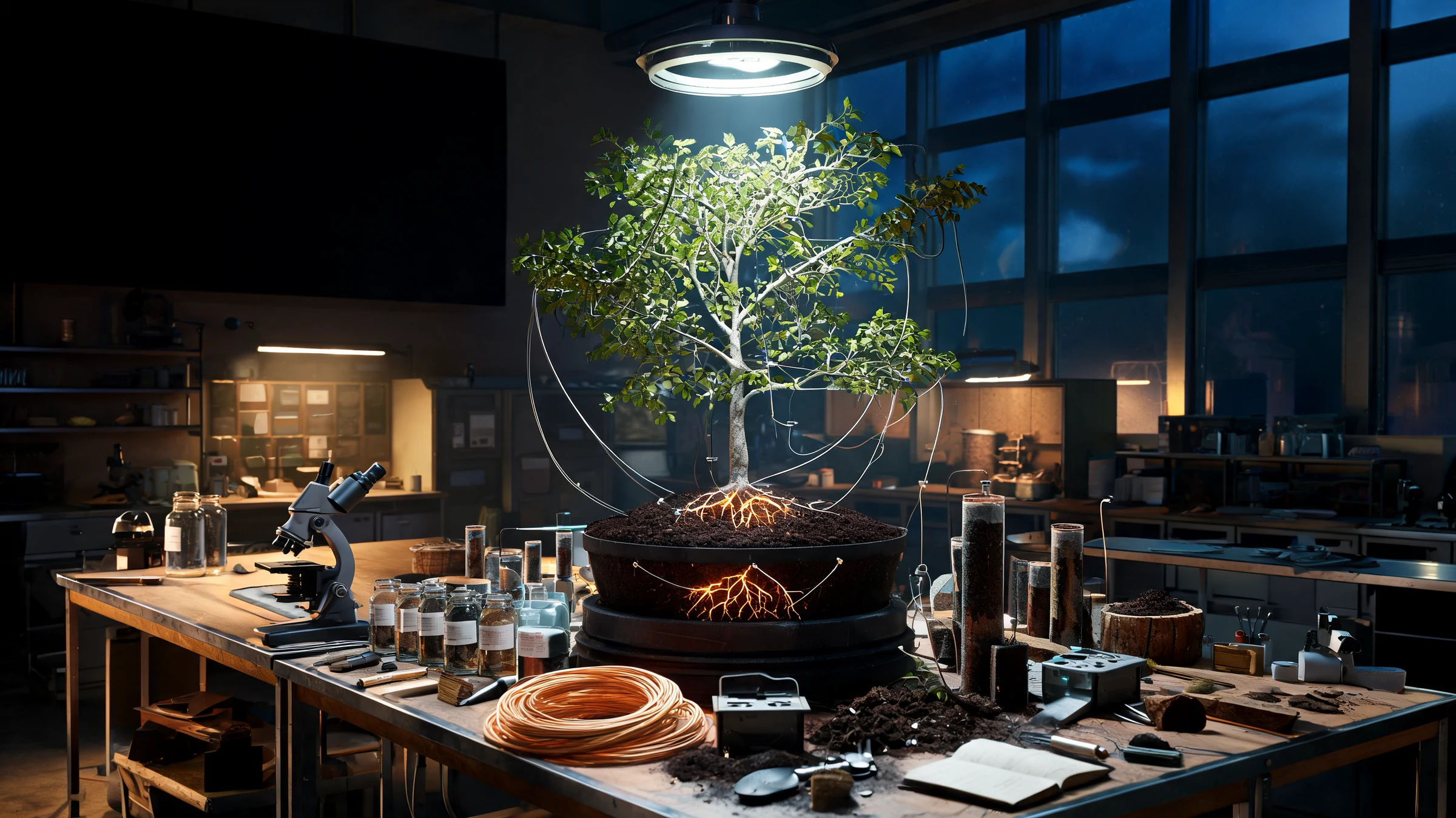 An imagined research room with a tree and illuminated root systems.