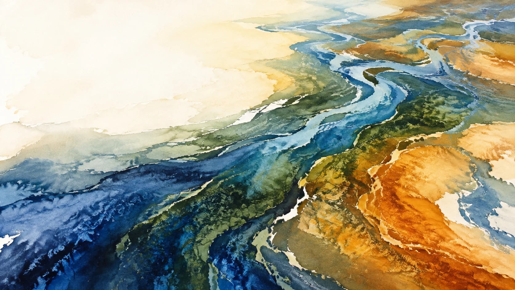 Blue, green and ochre pigment flowing across textured paper.