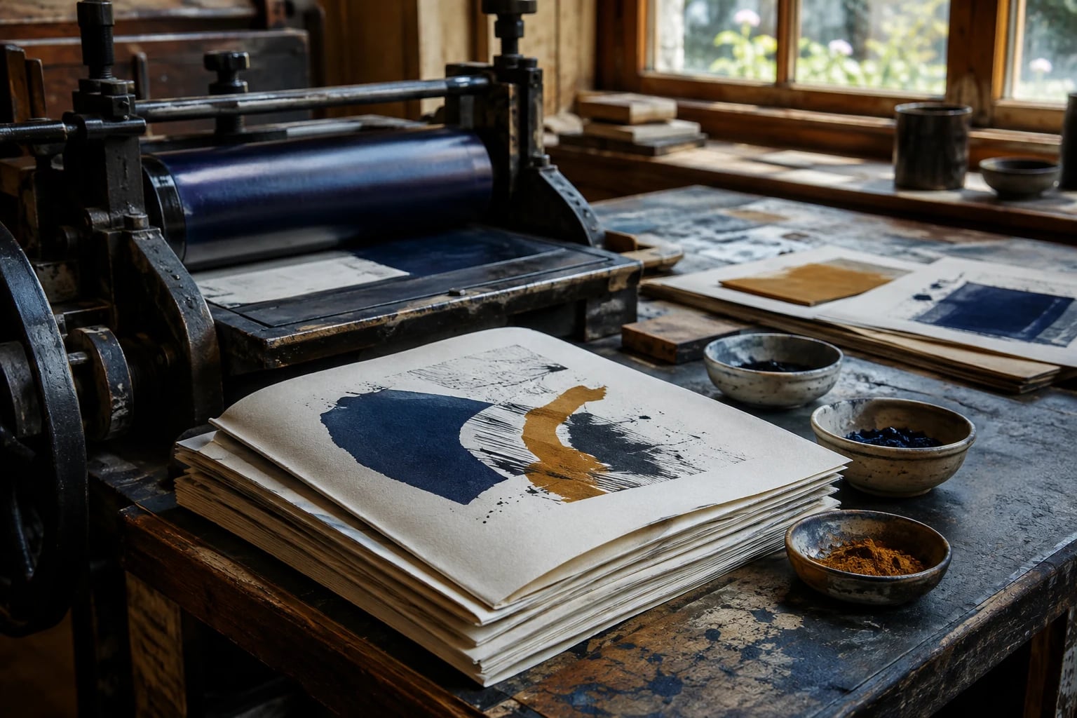 An imagined print studio with ink, paper and warm window light.
