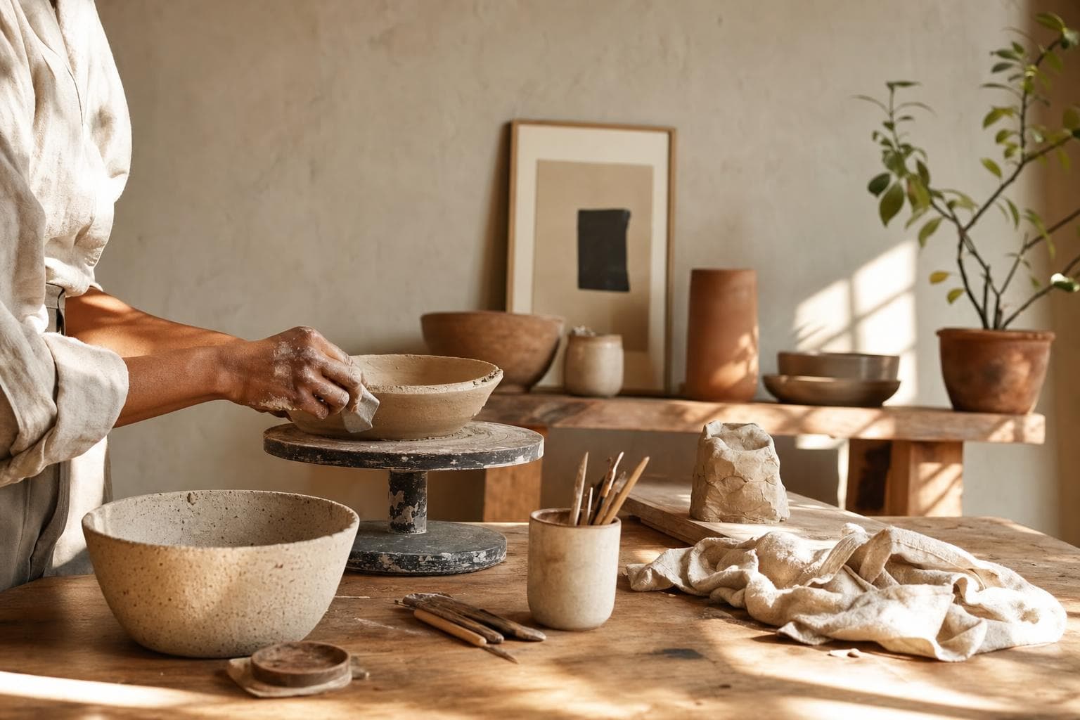 A small ceramics atelier in afternoon light: hands at a wheel, raw clay, terracotta vessels on a wooden table, warm cream walls.